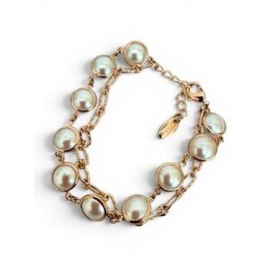 XUPING Rose Gold Tone Faux Pearl Station Chain Bracelet